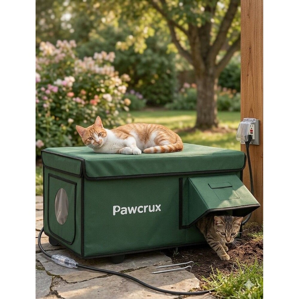 Pawcrux Outdoor Heated Cat House Weatherproof Insulated Shelter Large Green